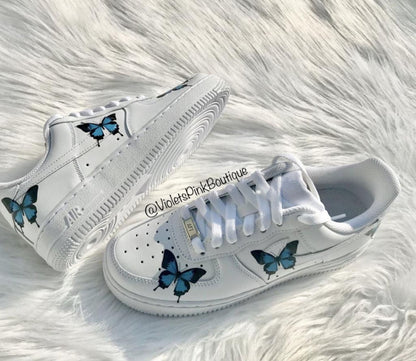 Custom Nike Air Force One Blue Butterflies Women's Custom Butterfly Sneakers- Gift Ideas