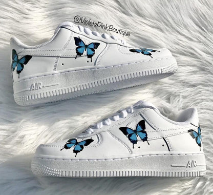 Custom Nike Air Force One Blue Butterflies Women's Custom Butterfly Sneakers- Gift Ideas