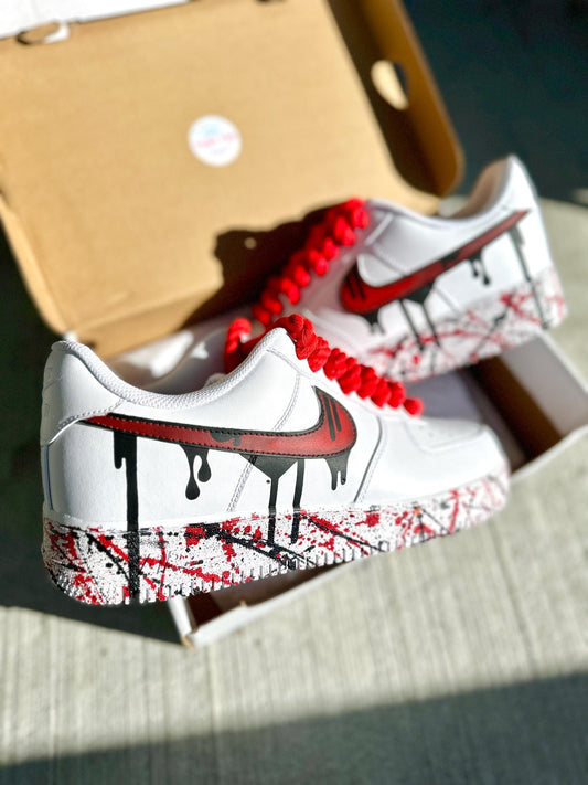 Custom Red Drippy Air Force 1 With Rope Laces | Hand-Painted Drip Sneakers | Red Splatter Custom Shoes | Personalized Drip Design