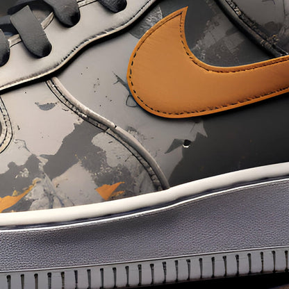 Dystopian Grey Orange Hand-Painted Air Force 1 Trainers | Custom Sneakers (UK Sizes)
