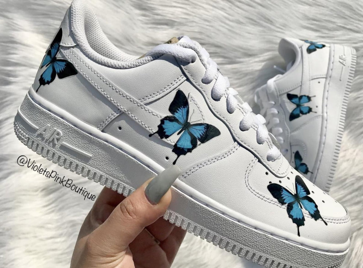 Custom Nike Air Force One Blue Butterflies Women's Custom Butterfly Sneakers Nike Shoes AF1