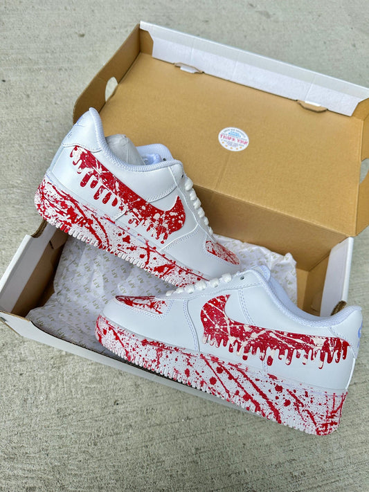 Custom Red Drip and Paint Splatter Sneakers - Hand-Painted Streetwear Shoes, Unique Custom Drip Design