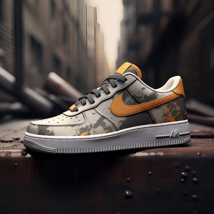 Dystopian Grey Orange Hand-Painted Air Force 1 Trainers | Custom Sneakers (UK Sizes)