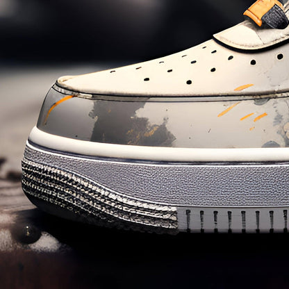 Dystopian Grey Orange Hand-Painted Air Force 1 Trainers | Custom Sneakers (UK Sizes)