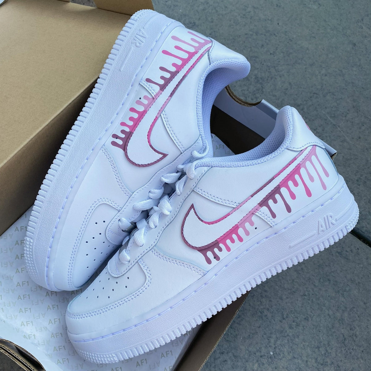 Air force 1, Nike Custom Sneakers, Pink Color Drip, Burgundy Swooshes, Personalized Shoes, Barbie Pink