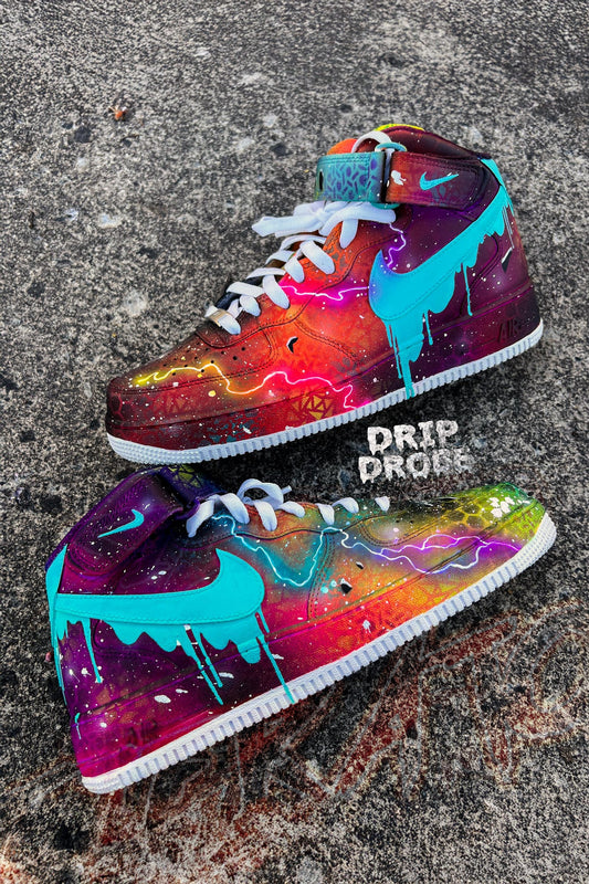 Custom Galaxy Drip AF1 Sneakers – Hand-Painted Freestyle Galaxy Print – South Beach Drip Design – Scratch & Water Resistant