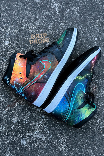 Custom Black Toe "Galaxy" AJ 1 Retro High – Hand-Painted Freestyle Galaxy Design – Authentic Leather – Custom Sneakers