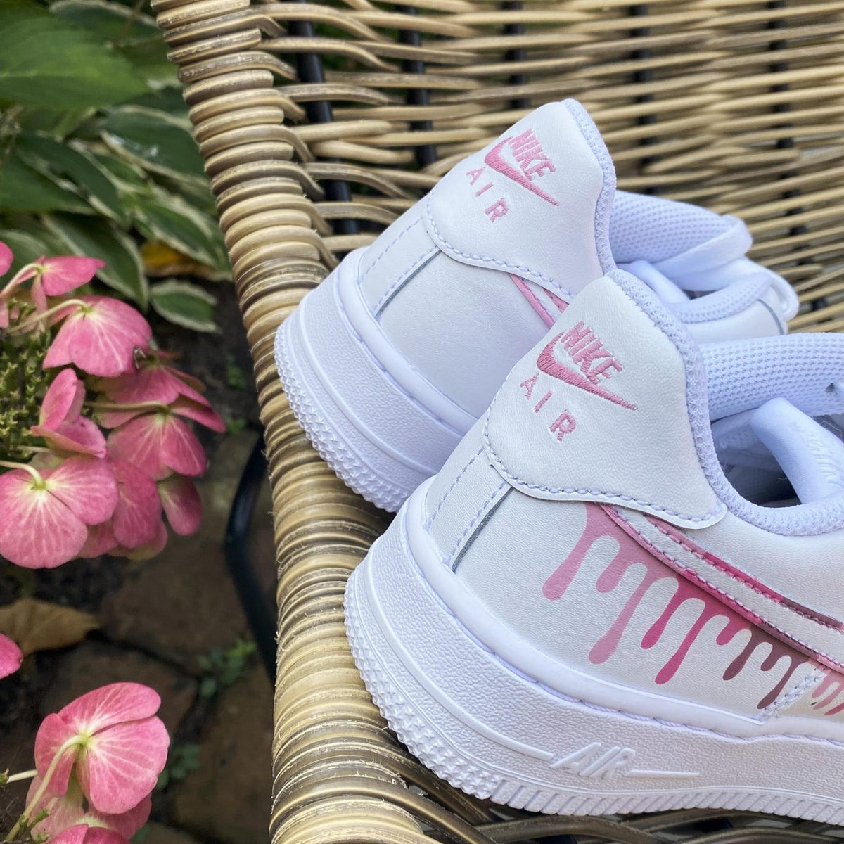 Air force 1, Nike Custom Sneakers, Pink Color Drip, Burgundy Swooshes, Personalized Shoes, Barbie Pink