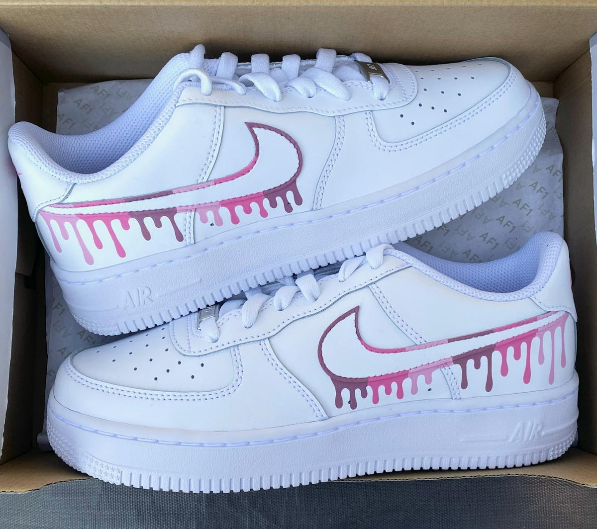 Air force 1, Nike Custom Sneakers, Pink Color Drip, Burgundy Swooshes, Personalized Shoes, Barbie Pink