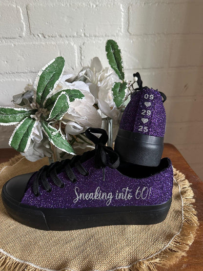 Plum Purple on Black Wedding Sneaker for Bride, Glitter Sneakers for Birthday, Quinceanera,  Cheer Mom, Black Sparkle Sneakers