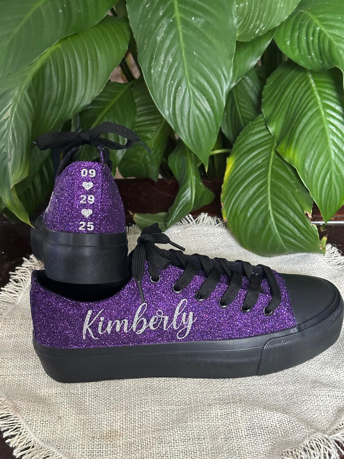 Plum Purple on Black Wedding Sneaker for Bride, Glitter Sneakers for Birthday, Quinceanera,  Cheer Mom, Black Sparkle Sneakers