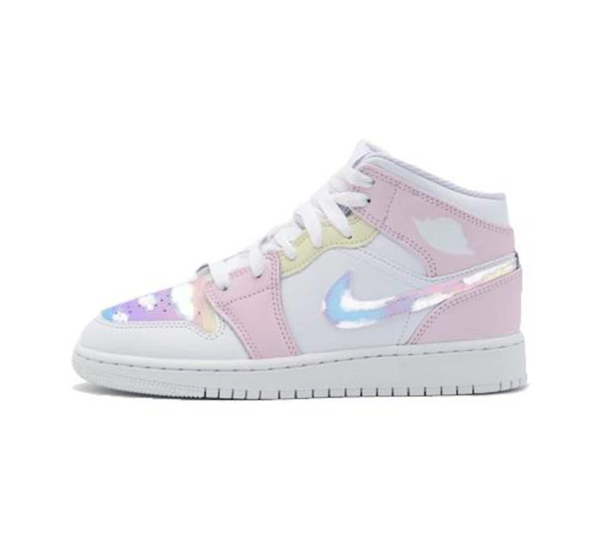 Custom Jordan 1 Mid, Rainbow Pastel Colors, Back to School, Nike Air, Easter Style, Girls, Womens, Lilac, Pink, Blue, Purple, Dreamy, Clouds