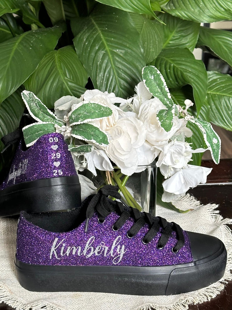 Plum Purple on Black Wedding Sneaker for Bride, Glitter Sneakers for Birthday, Quinceanera,  Cheer Mom, Black Sparkle Sneakers