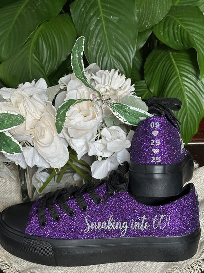 Plum Purple on Black Wedding Sneaker for Bride, Glitter Sneakers for Birthday, Quinceanera,  Cheer Mom, Black Sparkle Sneakers