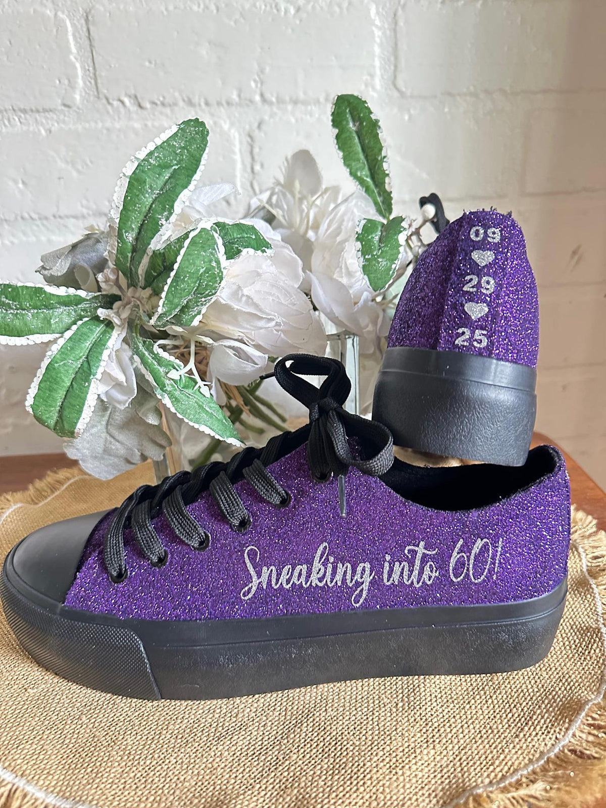 Plum Purple on Black Wedding Sneaker for Bride, Glitter Sneakers for Birthday, Quinceanera,  Cheer Mom, Black Sparkle Sneakers
