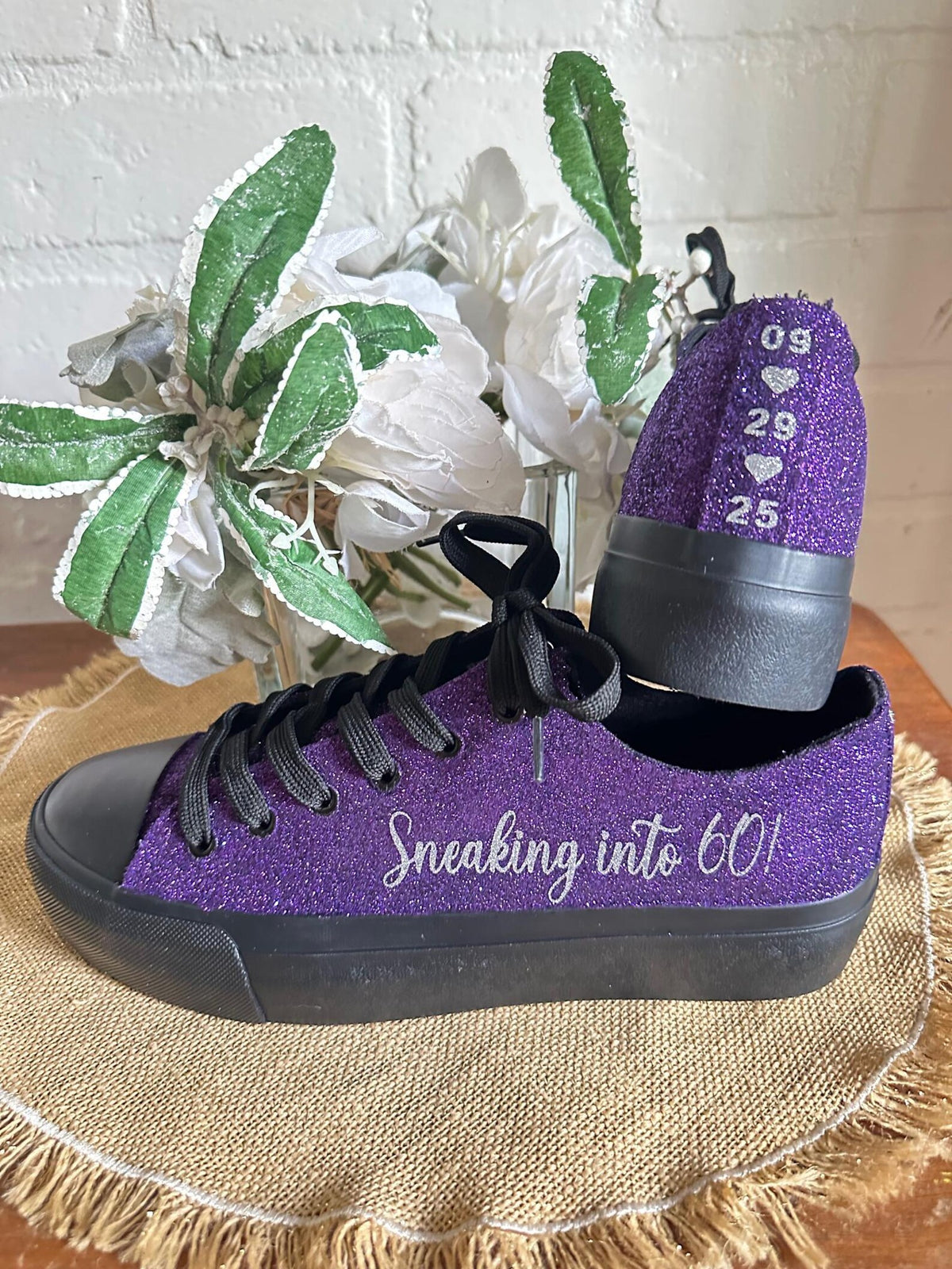 Plum Purple on Black Wedding Sneaker for Bride, Glitter Sneakers for Birthday, Quinceanera,  Cheer Mom, Black Sparkle Sneakers