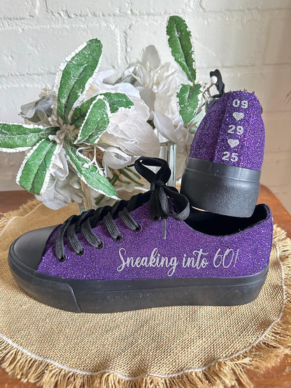 Plum Purple on Black Wedding Sneaker for Bride, Glitter Sneakers for Birthday, Quinceanera,  Cheer Mom, Black Sparkle Sneakers