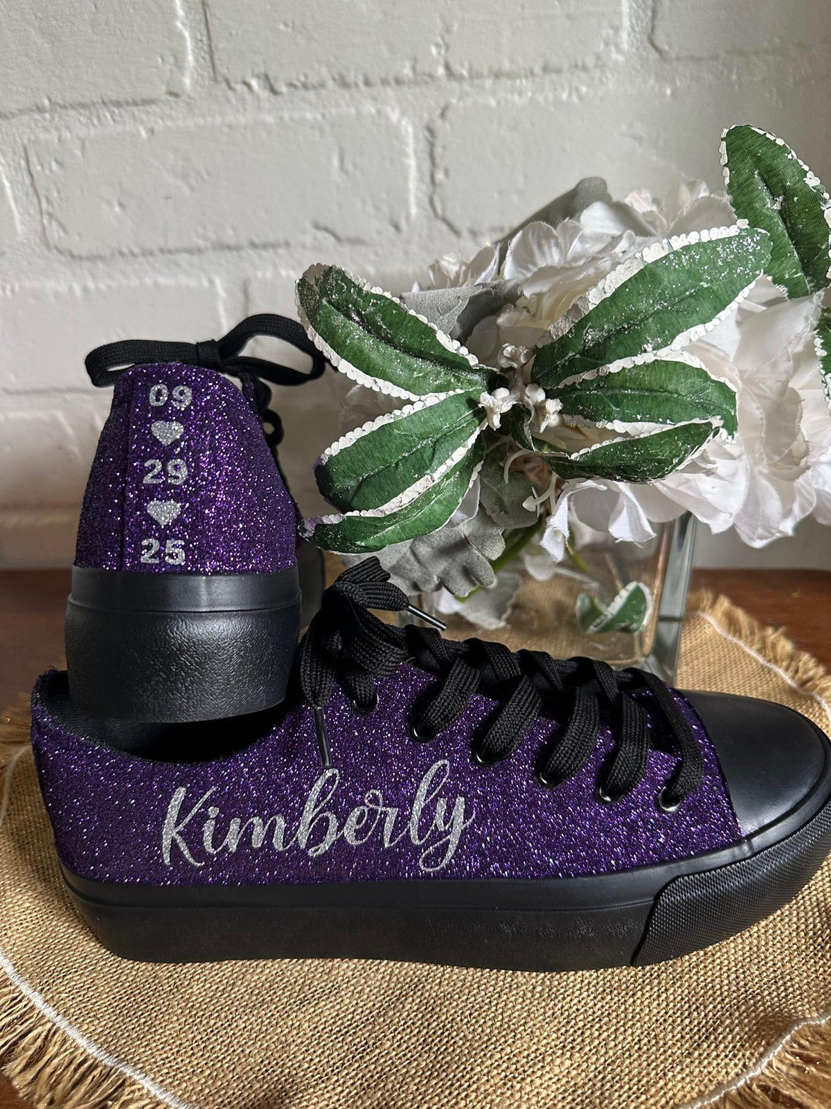 Plum Purple on Black Wedding Sneaker for Bride, Glitter Sneakers for Birthday, Quinceanera,  Cheer Mom, Black Sparkle Sneakers