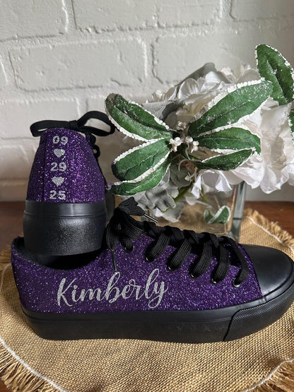 Plum Purple on Black Wedding Sneaker for Bride, Glitter Sneakers for Birthday, Quinceanera,  Cheer Mom, Black Sparkle Sneakers