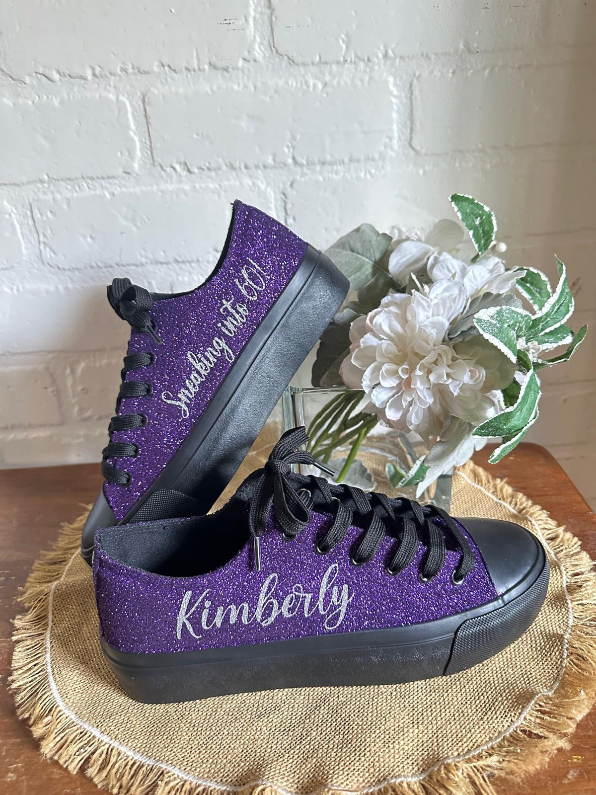 Plum Purple on Black Wedding Sneaker for Bride, Glitter Sneakers for Birthday, Quinceanera,  Cheer Mom, Black Sparkle Sneakers