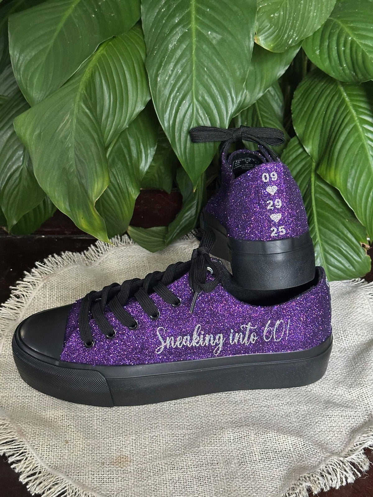Plum Purple on Black Wedding Sneaker for Bride, Glitter Sneakers for Birthday, Quinceanera,  Cheer Mom, Black Sparkle Sneakers