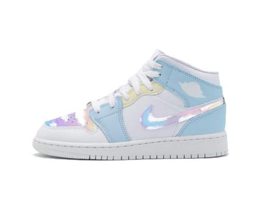 Custom Jordan 1 Mid, Rainbow Pastel Colors, Back to School, Nike Air, Easter Style, Girls, Womens, Lilac, Pink, Blue, Purple, Dreamy, Clouds