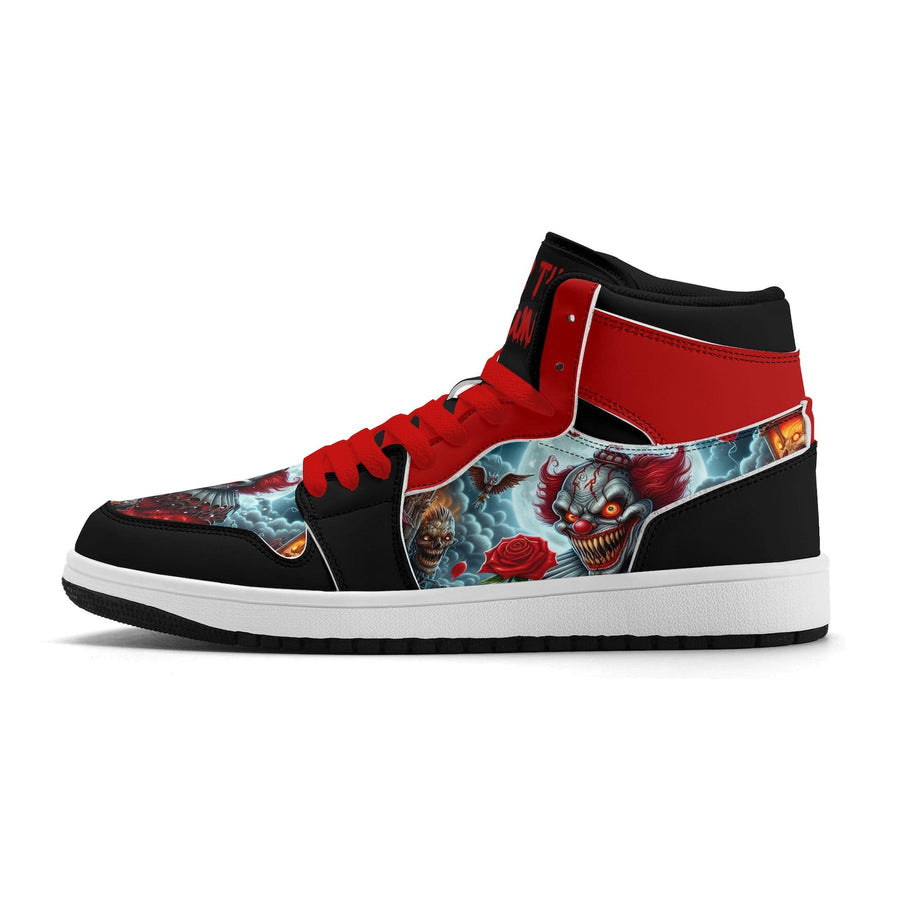 Scary Clown Halloween Shoes for Men & Women, Horror High Top Sneakers, Red Black Creepy Clown Kicks, Haunted House Gift, Spooky Season Shoes
