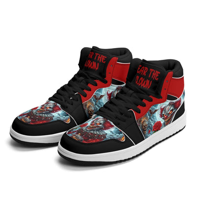 Scary Clown Halloween Shoes for Men & Women, Horror High Top Sneakers, Red Black Creepy Clown Kicks, Haunted House Gift, Spooky Season Shoes