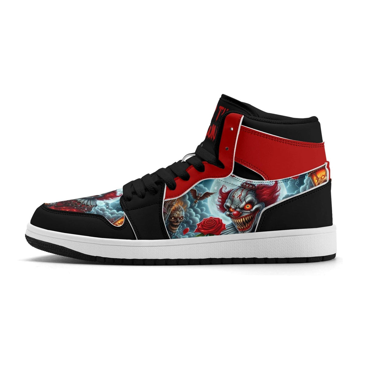Scary Clown Halloween Shoes for Men & Women, Horror High Top Sneakers, Red Black Creepy Clown Kicks, Haunted House Gift, Spooky Season Shoes
