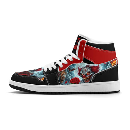 Scary Clown Halloween Shoes for Men & Women, Horror High Top Sneakers, Red Black Creepy Clown Kicks, Haunted House Gift, Spooky Season Shoes