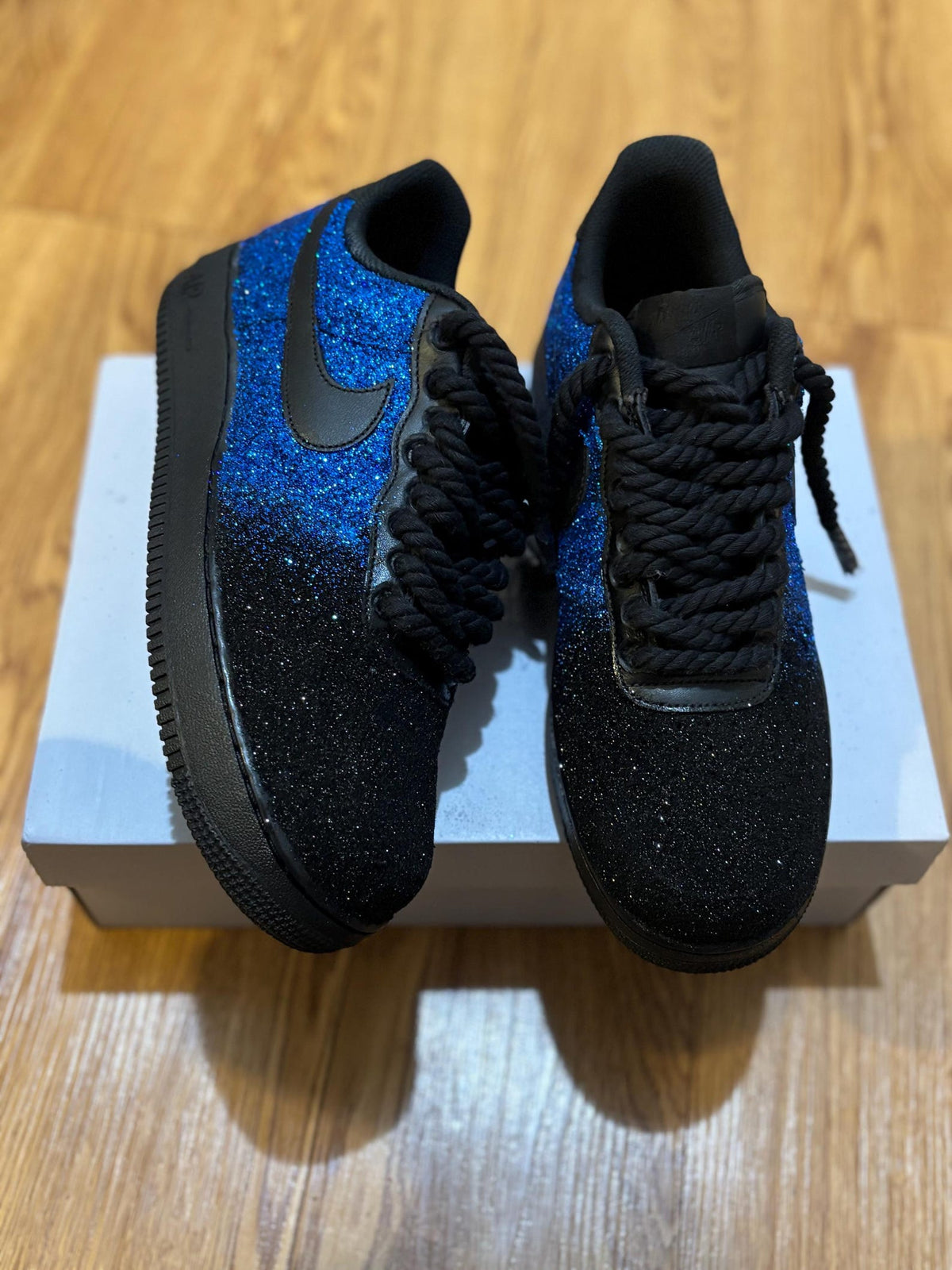 Custom Blue Glitter Nike AF1 Sneakers, Hand-Crafted Streetwear Shoes