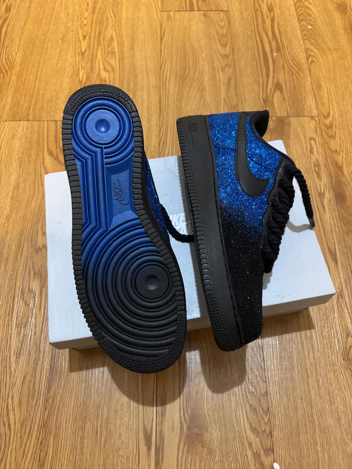 Custom Blue Glitter Nike AF1 Sneakers, Hand-Crafted Streetwear Shoes