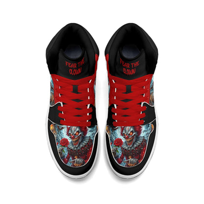 Scary Clown Halloween Shoes for Men & Women, Horror High Top Sneakers, Red Black Creepy Clown Kicks, Haunted House Gift, Spooky Season Shoes