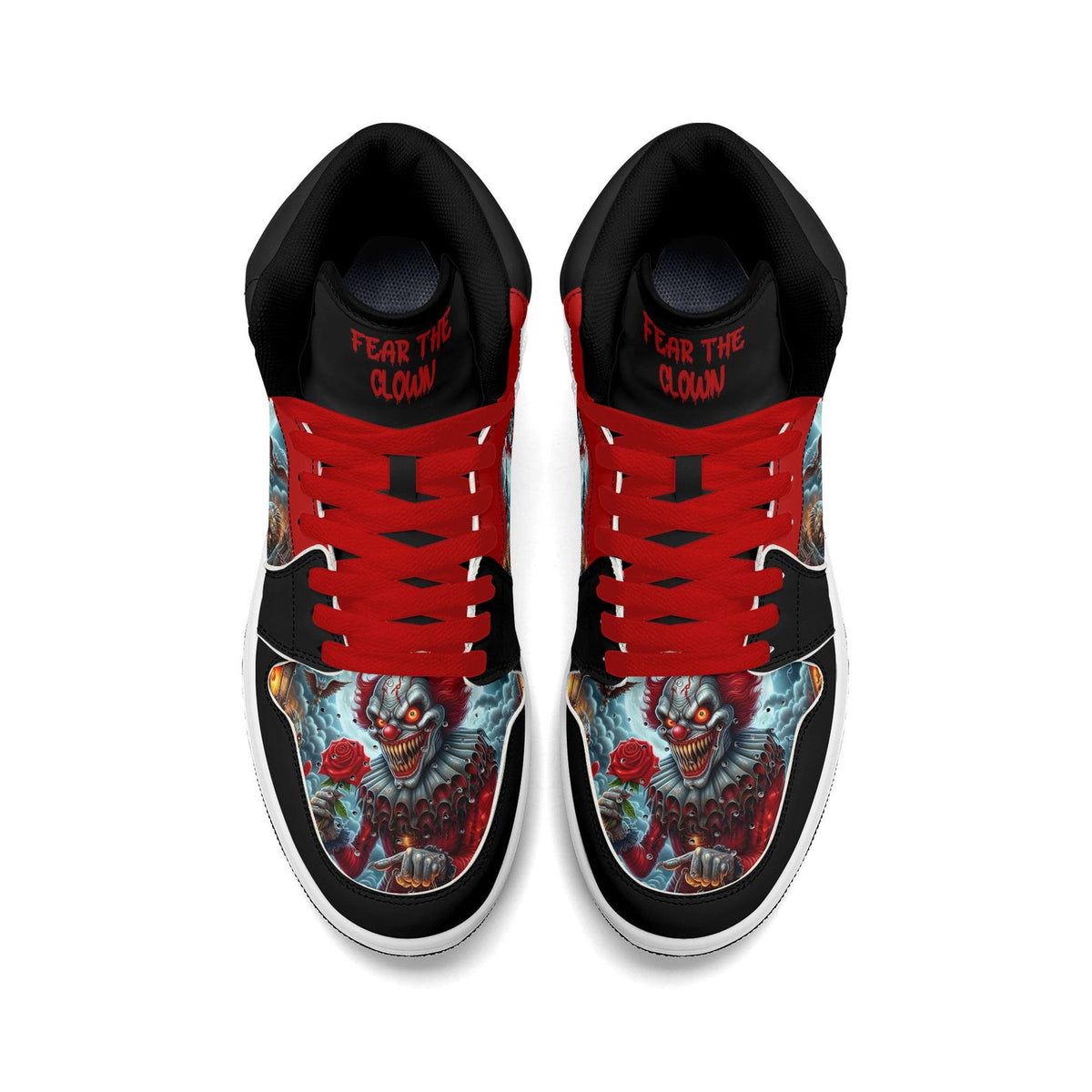 Scary Clown Halloween Shoes for Men & Women, Horror High Top Sneakers, Red Black Creepy Clown Kicks, Haunted House Gift, Spooky Season Shoes