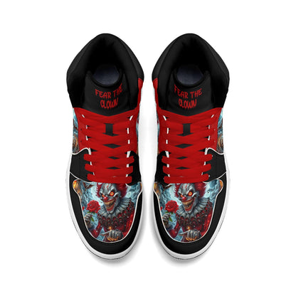 Scary Clown Halloween Shoes for Men & Women, Horror High Top Sneakers, Red Black Creepy Clown Kicks, Haunted House Gift, Spooky Season Shoes