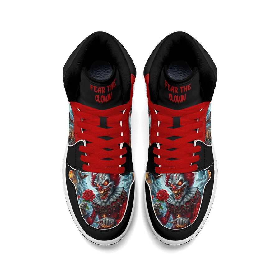 Scary Clown Halloween Shoes for Men & Women, Horror High Top Sneakers, Red Black Creepy Clown Kicks, Haunted House Gift, Spooky Season Shoes