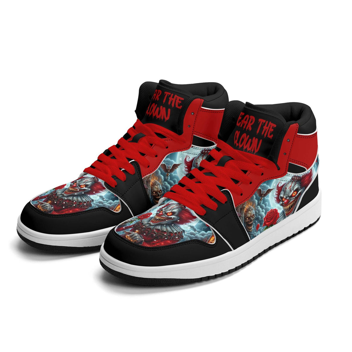 Scary Clown Halloween Shoes for Men & Women, Horror High Top Sneakers, Red Black Creepy Clown Kicks, Haunted House Gift, Spooky Season Shoes