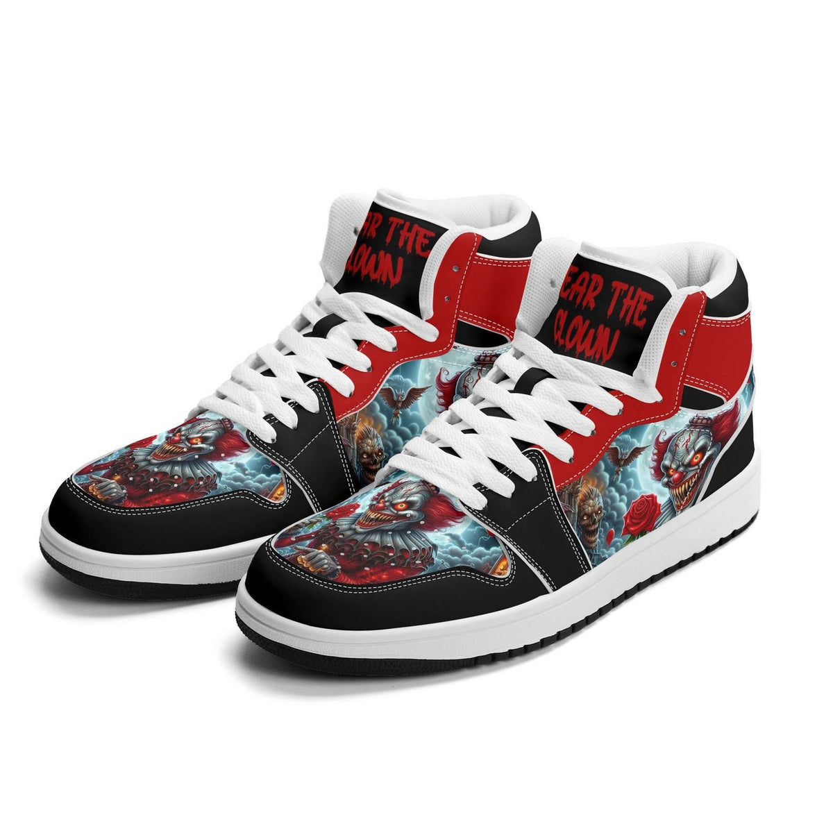 Scary Clown Halloween Shoes for Men & Women, Horror High Top Sneakers, Red Black Creepy Clown Kicks, Haunted House Gift, Spooky Season Shoes