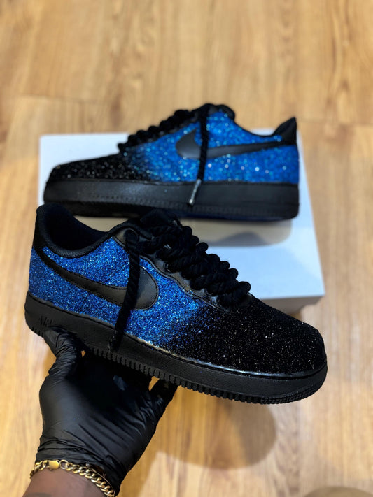 Custom Blue Glitter Nike AF1 Sneakers, Hand-Crafted Streetwear Shoes