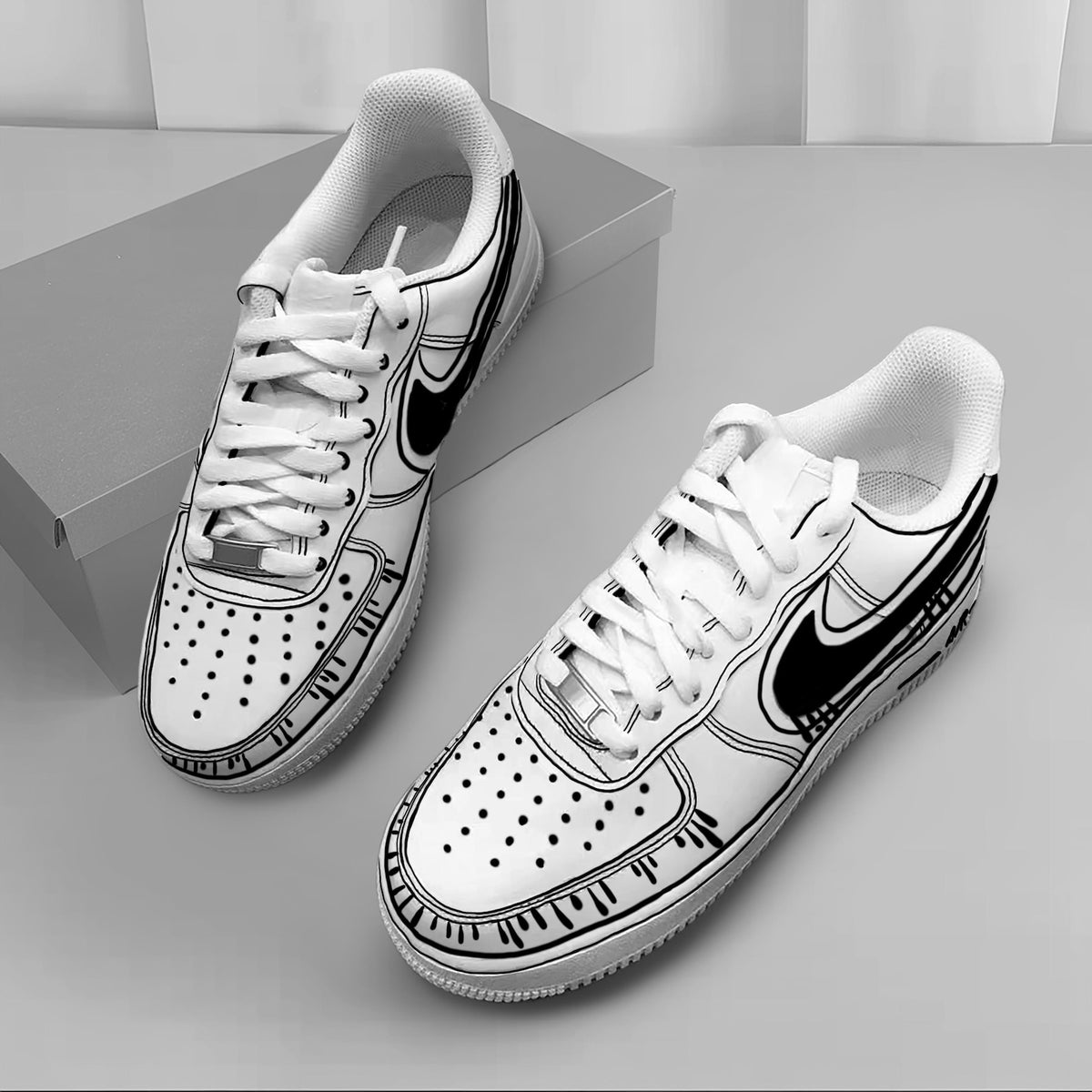 Custom Air Force 1 & Hand-Painted Af1 Shoes - Black White Drip On White Leather, Customized Sneakers, DIY Gift for Sneaker Lovers,Airforce1
