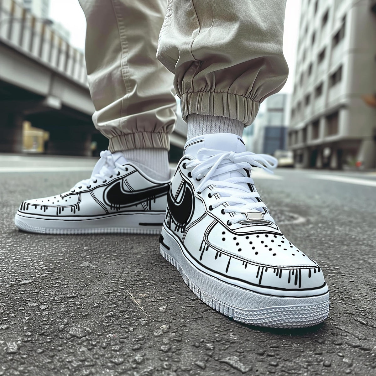 Custom Air Force 1 & Hand-Painted Af1 Shoes - Black White Drip On White Leather, Customized Sneakers, DIY Gift for Sneaker Lovers,Airforce1