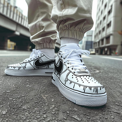 Custom Air Force 1 & Hand-Painted Af1 Shoes - Black White Drip On White Leather, Customized Sneakers, DIY Gift for Sneaker Lovers,Airforce1