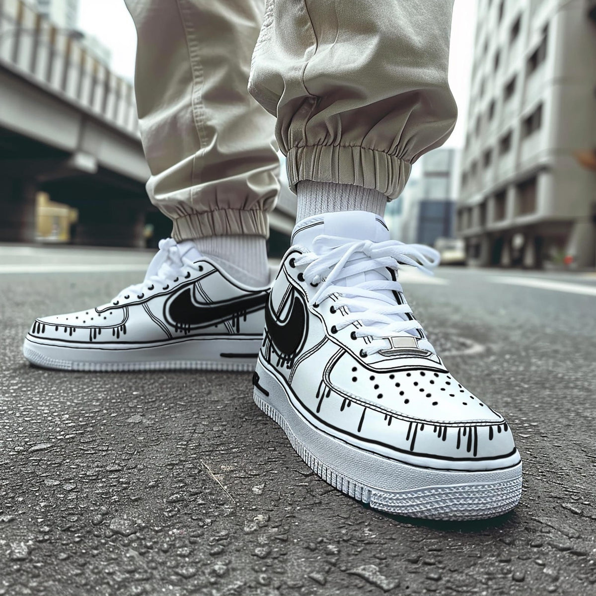 Custom Air Force 1 & Hand-Painted Af1 Shoes - Black White Drip On White Leather, Customized Sneakers, DIY Gift for Sneaker Lovers,Airforce1