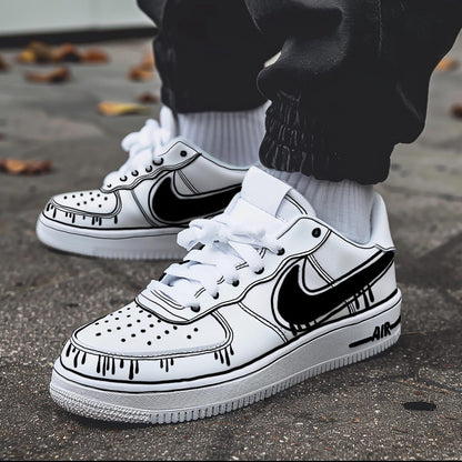 Custom Air Force 1 & Hand-Painted Af1 Shoes - Black White Drip On White Leather, Customized Sneakers, DIY Gift for Sneaker Lovers,Airforce1