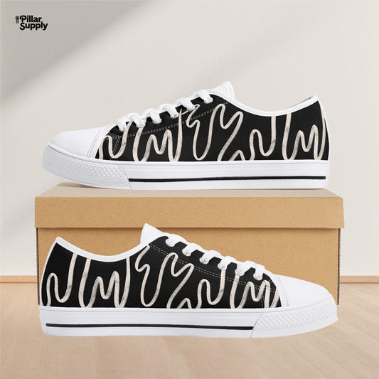 Personalized Abstract Drip Shoes | Custom Name Black & White Wavy Low Top Canvas Sneakers | Trendy Alt Goth Footwear