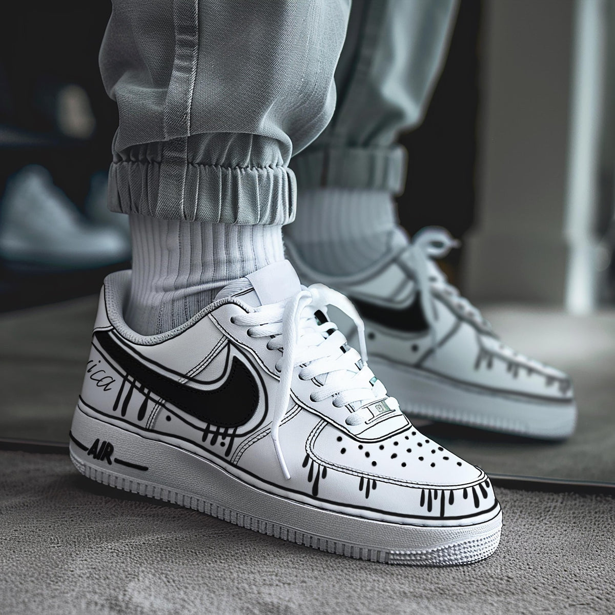 Custom Air Force 1 & Hand-Painted Af1 Shoes - Black White Drip On White Leather, Customized Sneakers, DIY Gift for Sneaker Lovers,Airforce1