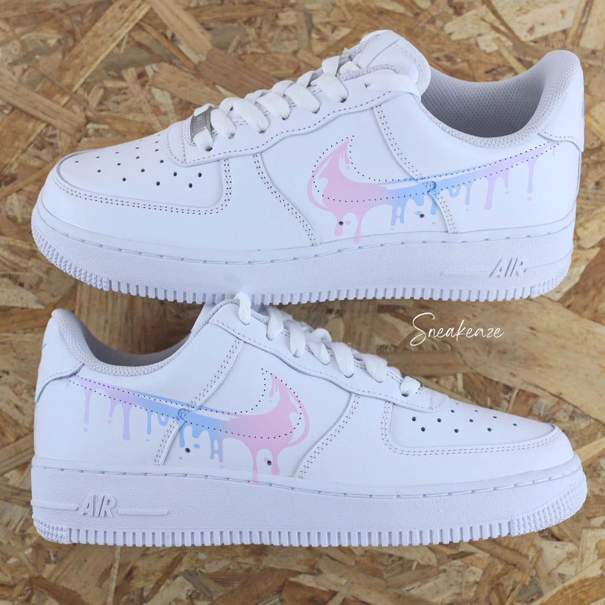 AF1 custom Air Force 1 Drip sneakers in a pastel gradient of pink, blue, and lilac with a flowing effect, unisex