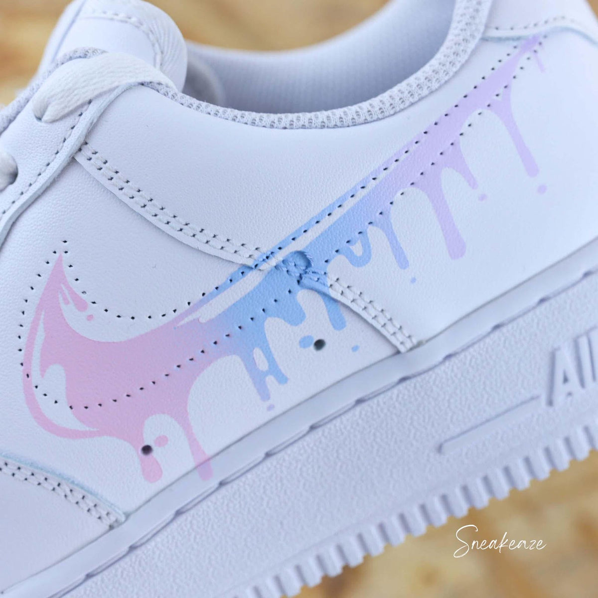 AF1 custom Air Force 1 Drip sneakers in a pastel gradient of pink, blue, and lilac with a flowing effect, unisex