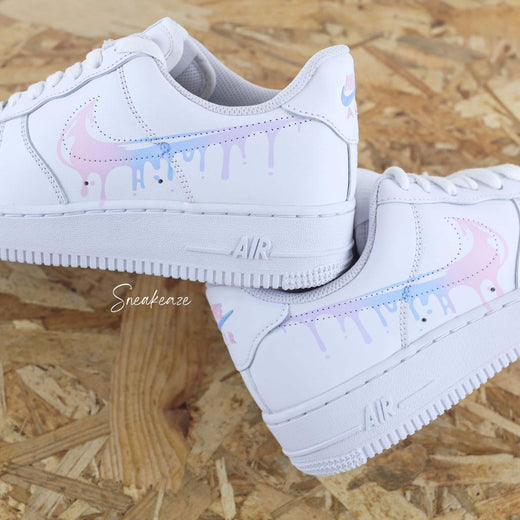 AF1 custom Air Force 1 Drip sneakers in a pastel gradient of pink, blue, and lilac with a flowing effect, unisex