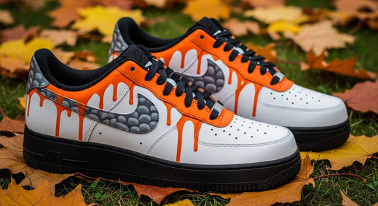 Custom Hand-Painted Air Force 1 Sneakers | Orange & Black Drip Design l Father's Day Gift | Birthday Gift for Him | Drip Art Shoes
